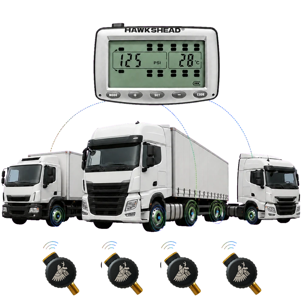 Sistema TPMS con monitor, sensores de presión y flotilla de camiones